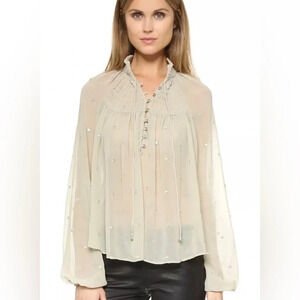 FREE PEOPLE ||READY TO RUN EMBELLISHED SMOCKED SHEER BLOUSE GREY MIST, SizeXS